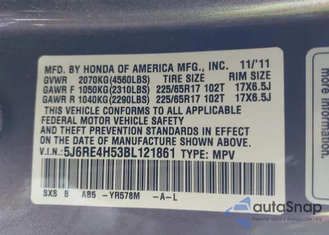 2011 Honda Cr-V Ex z USA, uszkodzony, nr VIN 5J6RE4H53BL121861